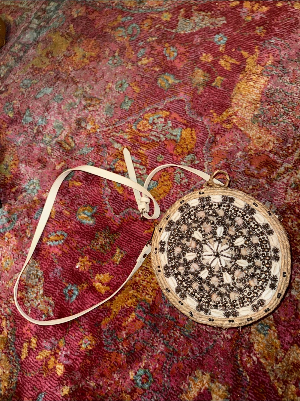 Zara Cream and Brown Beaded Round Crossbody Bag